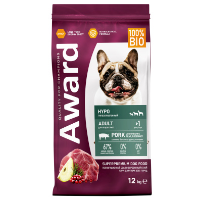 Сухой корм AWARD HYPO для собак всех пород со свининой с добавл. брусники, груши и розмарина, 12кг