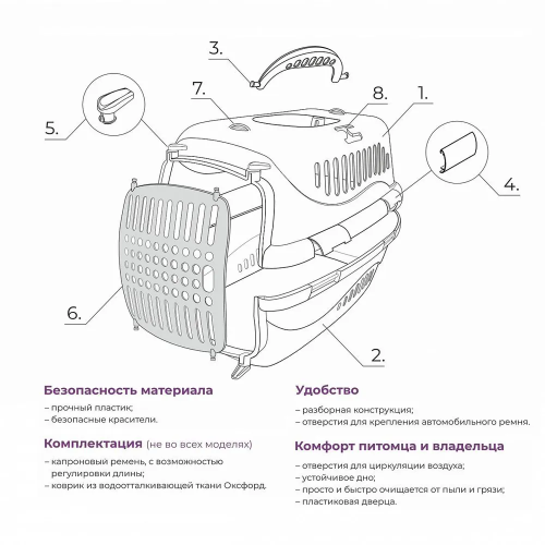 Переноска для животных "Турне" L с пласт. дверцей 54,5*36*34 см фиолетовая 18212