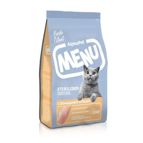 Сухой корм Альфа Пет MENU для стерилизованных кошек и котов с домашней Птицей 1,5кг
