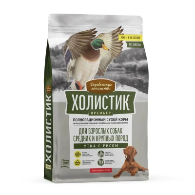 Сухой корм Деревенские лакомства Холистик Премьер для собак сред. и круп. пород утка с рисом 7кг.