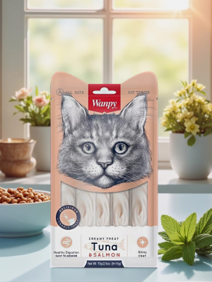 Лакомство для кошек Wanpy Cat  "нежное пюре" с лососем и тунцом в ложечке 10 шт х16 г 