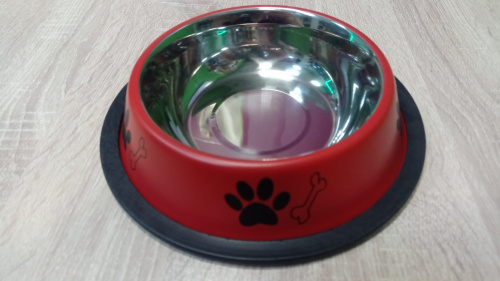 Миска нескользящая красная с рисунком лапка и косточка