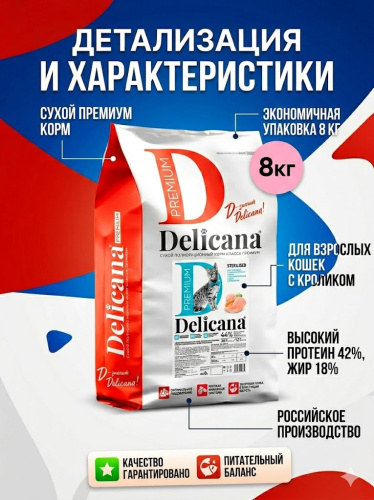 Сухой корм DELICANA  для взрослых кошек с кроликом 8 кг 