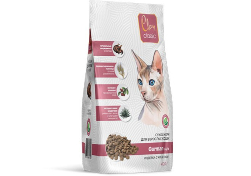 Сухой корм CLAN CLASSIC Gurman, для привередливых кошек, индейка-креветки 0,4 кг