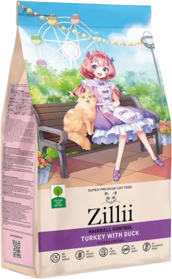 Сухой корм Zillii Hairball Control для кошек для вывода шерсти, с индейкой и уткой - 2кг