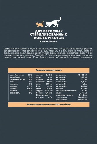 Сухой корм Альфа Пет WOW  для стерилизованных кошек c Цыпленком 1,5кг