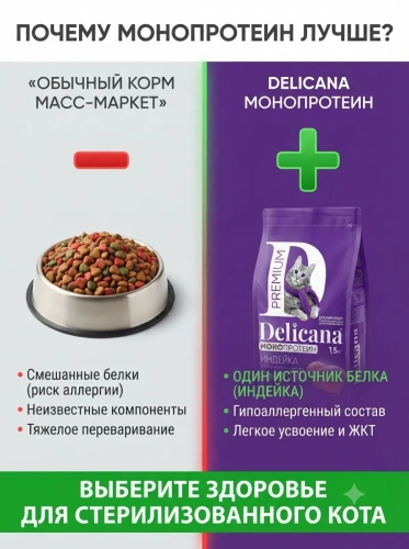Сухой корм  для стерилизованных кошек и кастрированных котов Монопротеин, индейка, 1,5кг. Delicana