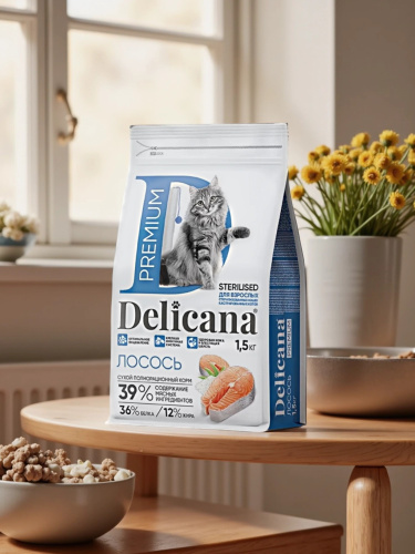 Сухой корм DELICANA  для взрослых кошек  с лососем 1,5кг 