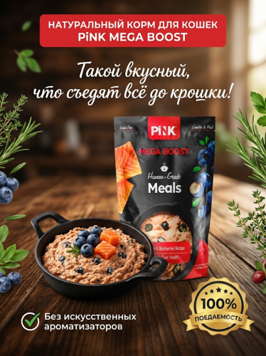 Влажный корм для кошек Skin & Coat Health, Лосось с черникой, 60г. Pink MEGA BOOST