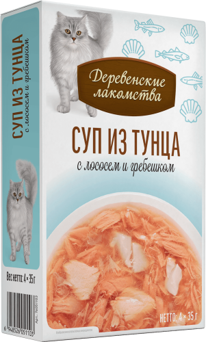 Деревенские лакомства 4х35 г суп для кошек из тунца с лососем и гребешком пауч