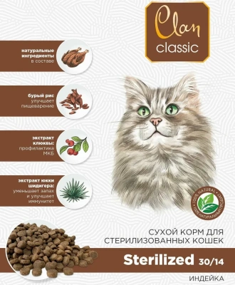 Сухой корм CLAN CLASSIC Sterilized, для стерилизованных кошек, индейка 1,25кг