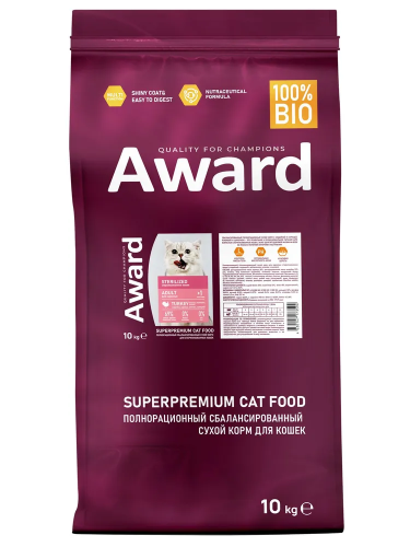 Сухой корм AWARD Sterilized для стерил. кошек с индейкой и курицей, клюквой и цикорием, 10кг