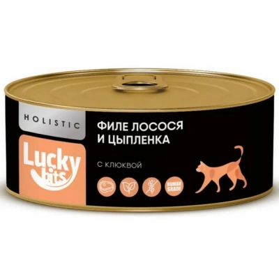 Консервы для кошек Lucky bits филе лосося и цыплёнка с клюквой, 100 г