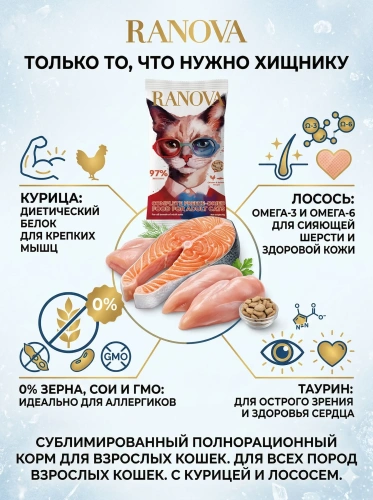 Полнорационный сухой субл. корм Ranova для кошек с курицей и лососем, 8 г 