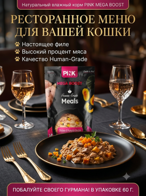 Влажный корм для кошек Hairball control Курица с тыквой, 60г. Pink MEGA BOOST