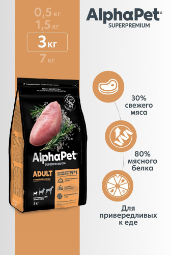 Сухой корм Альфа Пет для взрослых собак мелких пород с Индейкой и рисом 3кг