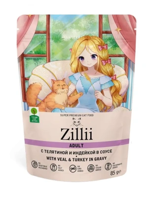 Влажный корм Zillii Adult Cat Veal Turkey для кошек с телятиной и индейкой в соусе,  12х85гр
