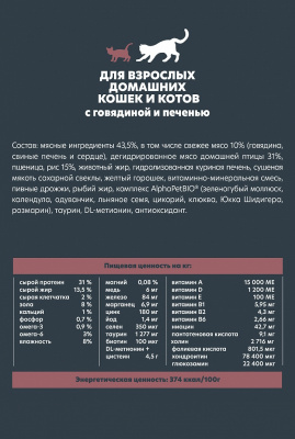 Сухой корм Альфа Пет WOW  для взрослых домашних кошек с Говядиной и печенью 350г