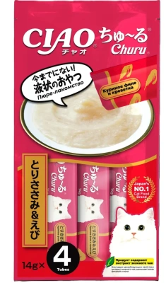 Лакомство-пюре INABA CIAO  для кошек Куриное филе и креветка 14г.  4шт