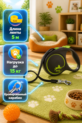 Поводок-рулетка Flexi Black Design tape L 5м. 50кг., зеленая