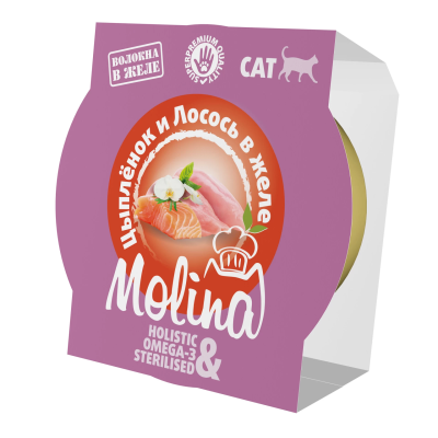 Влажный корм для кошек MOLINA, Цыпленок и лосось в желе, 75г
