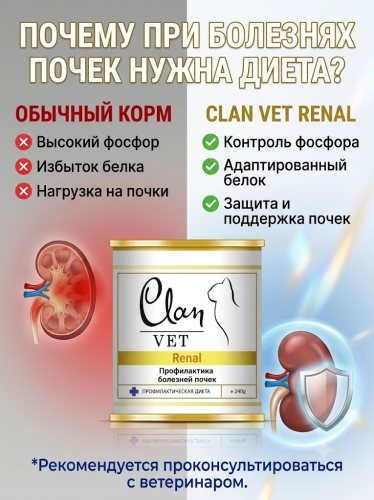 Влажный ветеринарный корм CLAN VET RENAL для кошек, профилактика болезней почек 240г