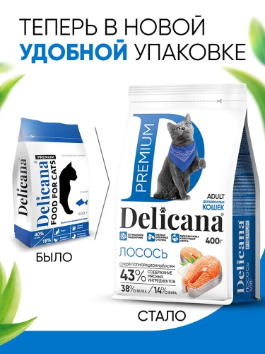 Сухой корм DELICANA  для взрослых кошек  с лососем 0,4кг 