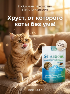 Лакомство сухое для кошек "Хрустящие подушечки с лососем", 100г. Pink Sensation