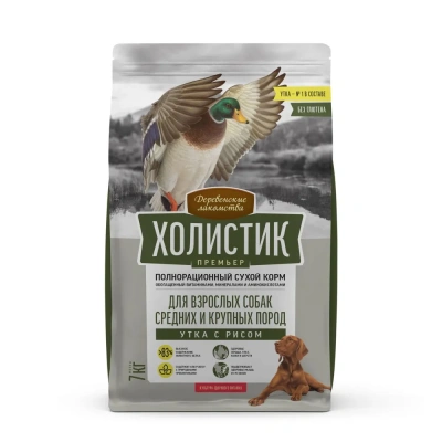 Сухой корм Деревенские лакомства Холистик Премьер для собак сред. и круп. пород утка с рисом 7кг.
