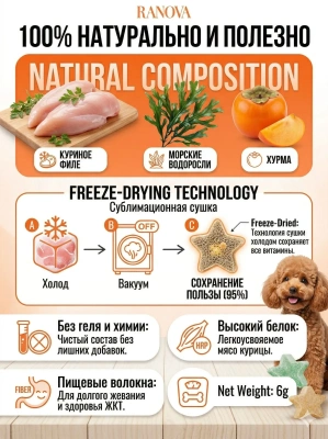 Лакомство Ranova для собак субл. для зубов микс вкусов: с куриц./морск. водоросл. или куриц./хурм.6г