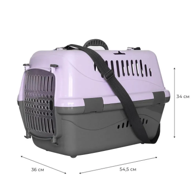 Переноска для животных "Турне" L с прозр.пласт. дверцей (коврик + ремень), фиолетовая 18122