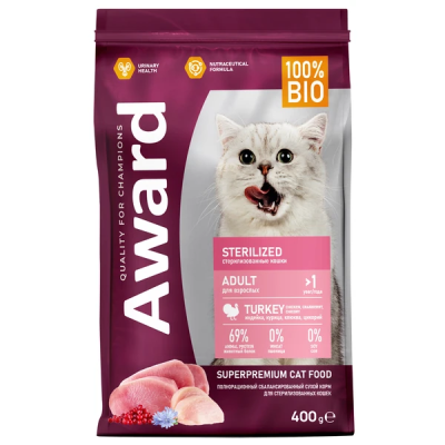 Сухой корм AWARD Sterilized для стерил. кошек с индейкой и курицей с добавл. клюквы и цикория 400гр