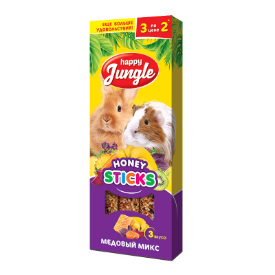 Хэппи Джангл Палочки для кроликов, шиншилл, морских свинок, 3 вкуса, 3 шт