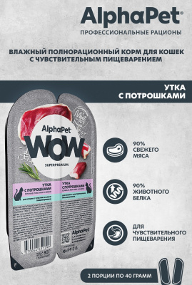 Влажный корм Альфа Пет WOW для кошек с чувств. пищ. ломтики в соусе Утка с потрошками 80г