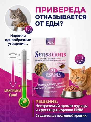  Лакомство сухое для кошек "Хрустящие подушечки с курицей", 100г. Pink Sensation