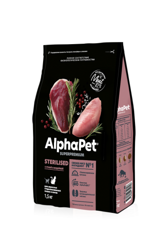 Сухой корм Альфа Пет для стерилизованных кошек и котов с Уткой и индейкой 1,5кг