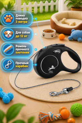 Поводок-рулетка Flexi New Classic CAT cord XS 3м 8 кг., черная