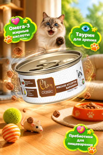 Влажный корм CLAN CLASSIC для котят мясное ассорти с бараниной, паштет 100гр