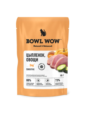 Влажный корм BOWL WOW  для кошек с чувствительным пищеварением, с цыпленком и овощами в соусе 12х85г