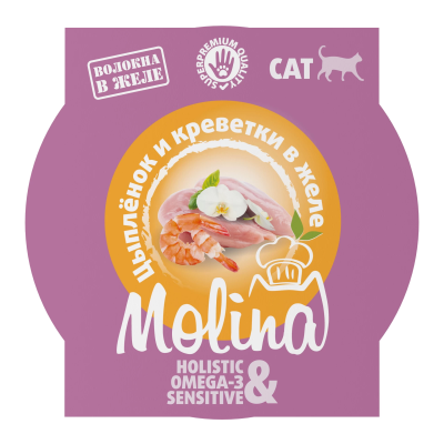 Влажный корм для кошек MOLINA, Цыпленок и креветки в желе, 75г