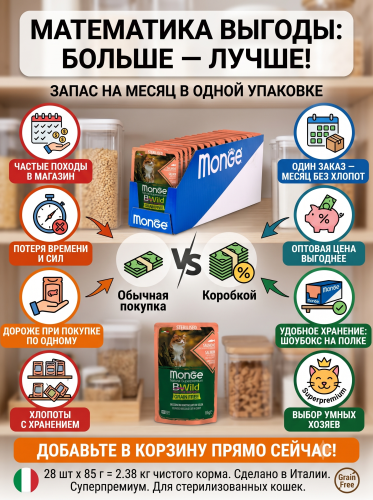 Влажный корм для стерил. кошек, беззерн., лосось с креветк. и овощ., 28х85г. Monge BWild GRAIN FREE