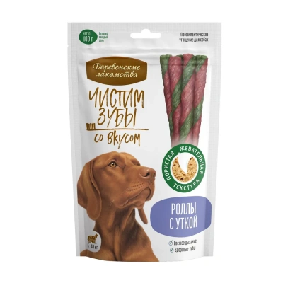 Деревенские лакомства Чистим зубы 100 г для собак от 5 кг до 40 кг роллы с уткой
