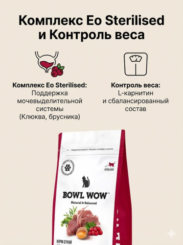 Сухой корм BOWL WOW Fresh Meat корм для стерилизованных кошек с ягненком, курицей и клюквой 8 кг 