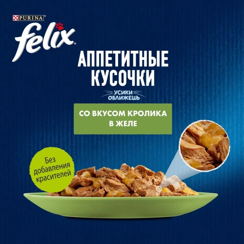 Влажный корм Felix Аппетитные кусочки для взрослых кошек, с кроликом в желе 85 г