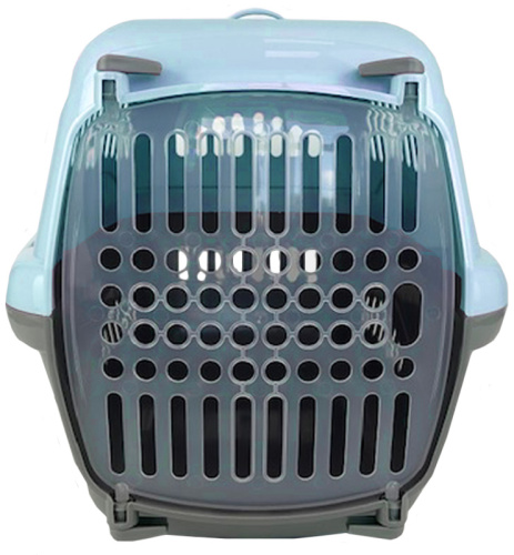 Переноска для животных "Турне" M прозрачной пластиковой дверцей (коврик+ремень) 48*32*32 см голубая