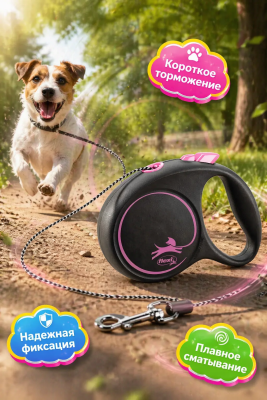 Flexi 56006F Рулетка Black Design XS 3м до 8кг (трос) черно-розовая