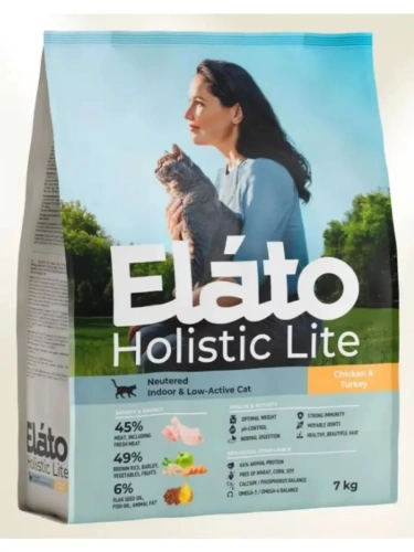 Сухой корм для стерилизованных кошек с курицей и индейкой, 7 кг. Elato Holistic Lite