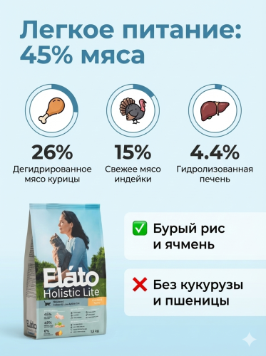 Сухой корм Elato Holistic Lite для стерилизованных кошек, ягненок с индейкой, 1,5 кг