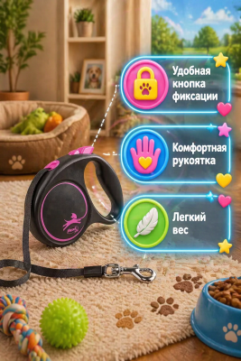 Рулетка Flexi Black Design S 5м до 15кг. ремень, черно-розовая