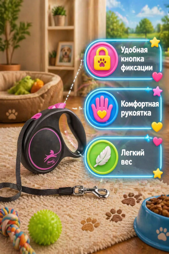 Рулетка Flexi Black Design S 5м до 15кг. ремень, черно-розовая